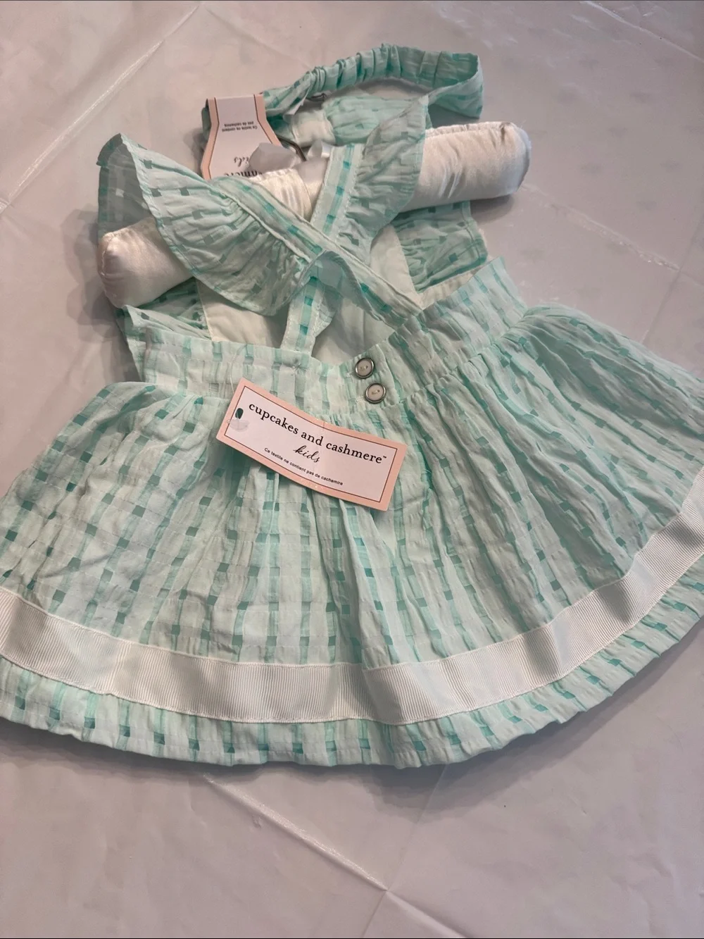 cupcakes & cashmere Mint Green Striped Ruffle Bow Dress with Headband